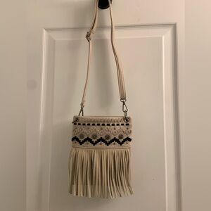 Beige Fringe Crossbody Bag with Embroidered Accents